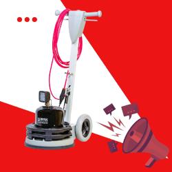 4D multi-disc single-brush sander on red and white background. A red speaker at the bottom right 